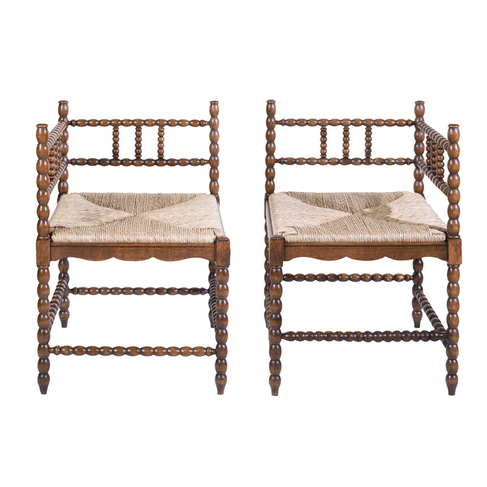 Pair of Beautiful antique corner bobbin chairs with brand newly made rush pads