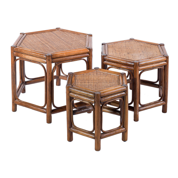 Trio of vintage rattan and bamboo nesting tables