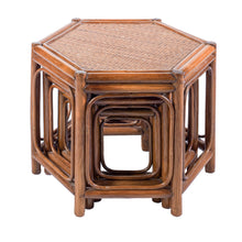 Load image into Gallery viewer, Trio of vintage rattan and bamboo nesting tables
