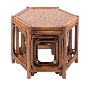 Trio of vintage rattan and bamboo nesting tables