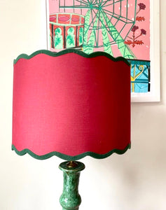 Pair of Red Drum Lampshades with Green Scalloped Felt Trim