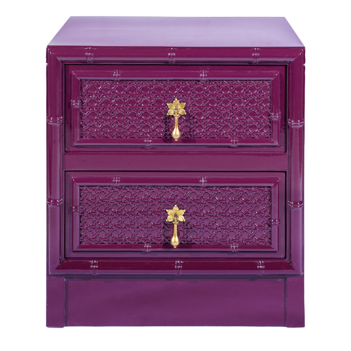 Pair of High Gloss bamboo and rattan bedside tables with antique brass handles