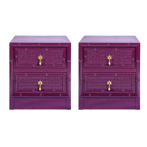 Pair of High Gloss bamboo and rattan bedside tables with antique brass handles
