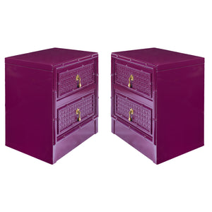 Pair of High Gloss bamboo and rattan bedside tables with antique brass handles