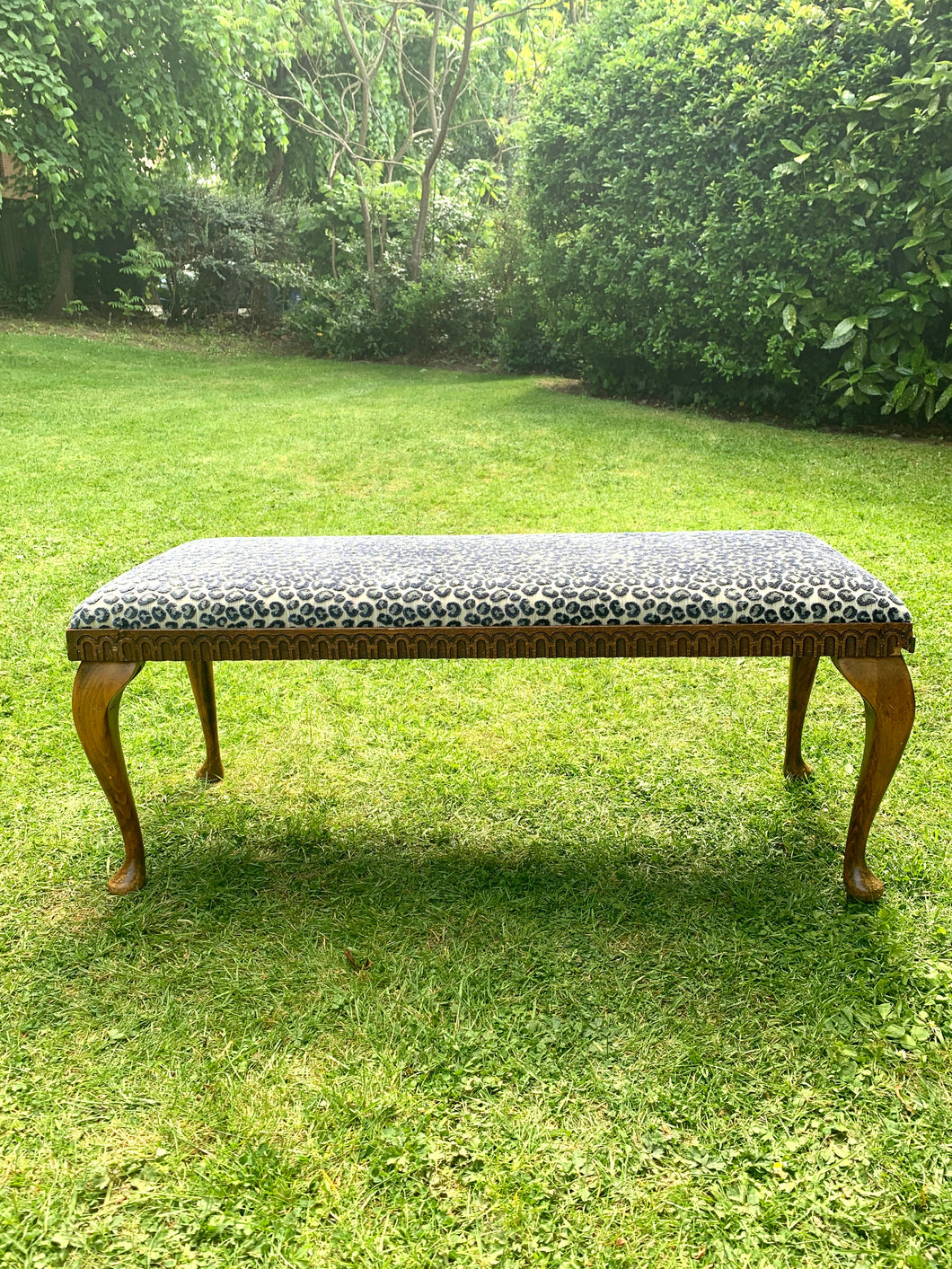 Antique Bench Upholstered in Colefax and Fowler Velvet Leopard Print Fabric
