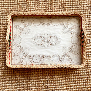 Vintage Wicker Tray with Doily Base