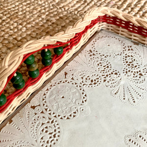 Vintage Wicker Tray with Doily Base