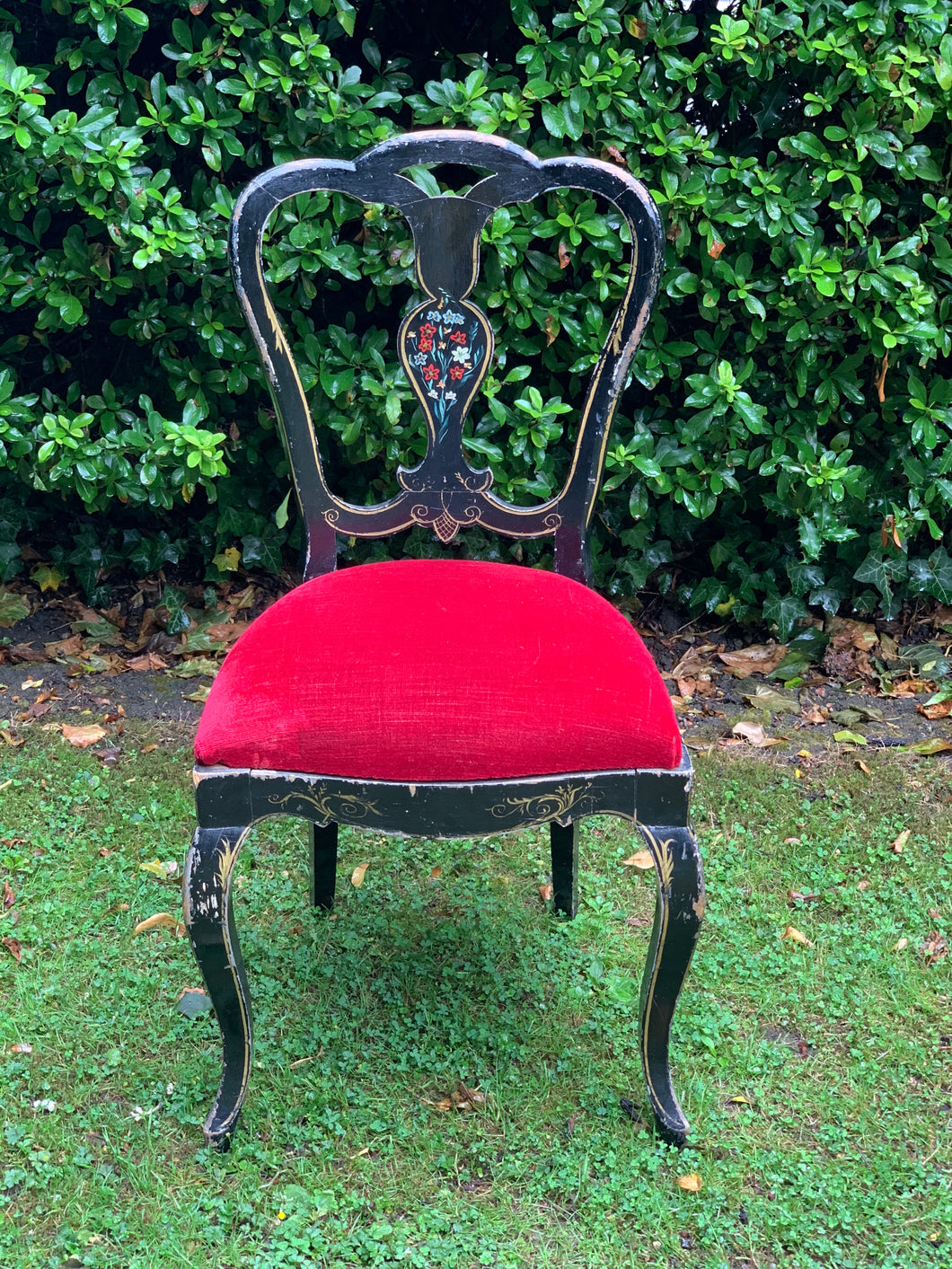 Hand Painted Ebonised Red Velvet Occasional Chair