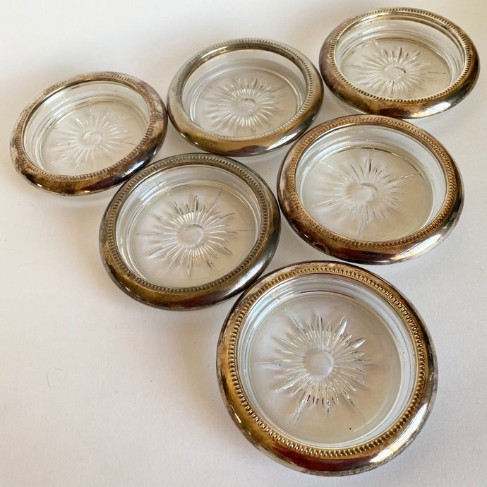 Six Vintage Italian Silver Plated and Cut Glass Coasters