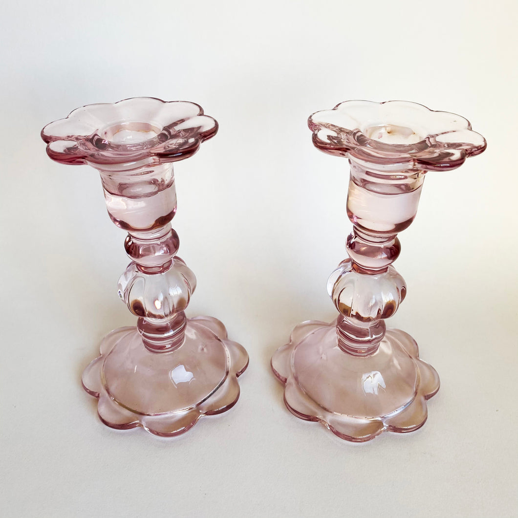 Pair of Lilac Scalloped Glass Candlesticks