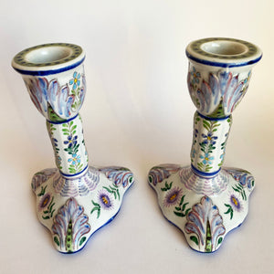 Pair of Antique Hand Painted French Faience Candlesticks