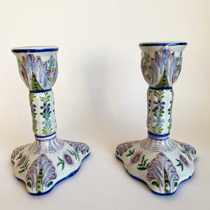 Pair of Antique Hand Painted French Faience Candlesticks