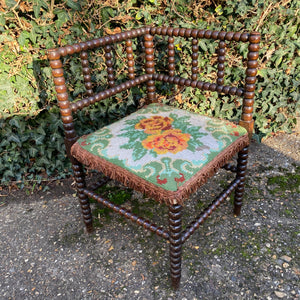 Antique Corner Bobbin Chair with Needlepointed Tapestry Seat