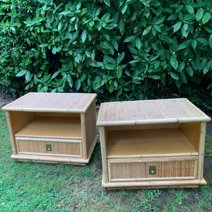 Pair of 1970s Italian Rattan Wicker Bamboo Bedside Tables