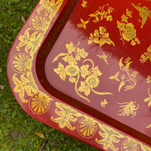 Vintage Chinoiserie Lacquered Red and Gold Floral Tray and Stand