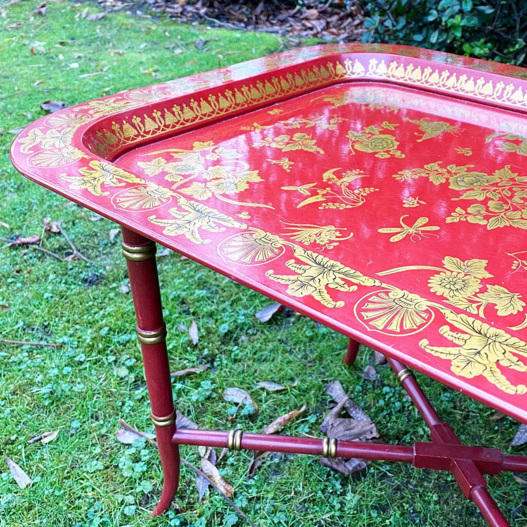 Vintage Chinoiserie Lacquered Red and Gold Floral Tray and Stand