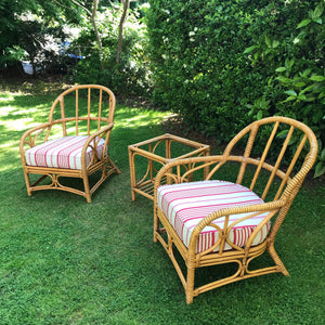 Pair of Original 1970's Bamboo Chairs and Table with Upholstered Cushions