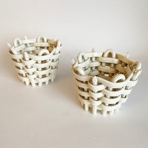 Pair of Antique Basket Weave Ceramic Tea Light Holders