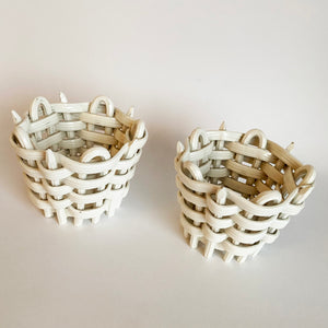 Pair of Antique Basket Weave Ceramic Tea Light Holders