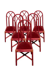 Load image into Gallery viewer, Six Vintage Bamboo Red Chairs With High Back and Red Velvet Seat Pad