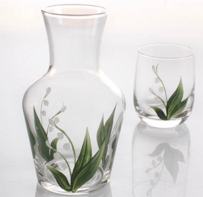 Hand Painted Lily of the Valley Carafe and Glass
