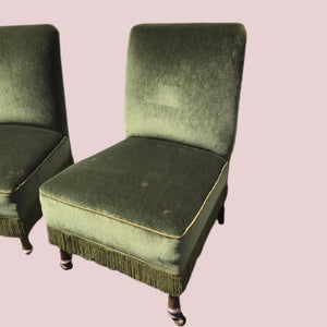 Pair of Green Velvet Chairs with Tasseled Trim