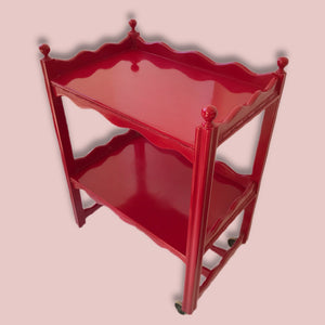 Vintage Red Gloss Two Tiered Scolloped Drinks Trolley
