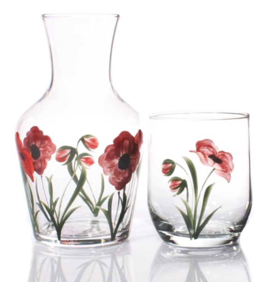 Hand painted Poppy Carafe and Glass