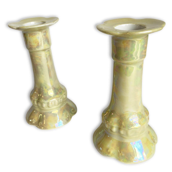 Vintage Pair of Scalloped Ceramic Lustreware Candlesticks