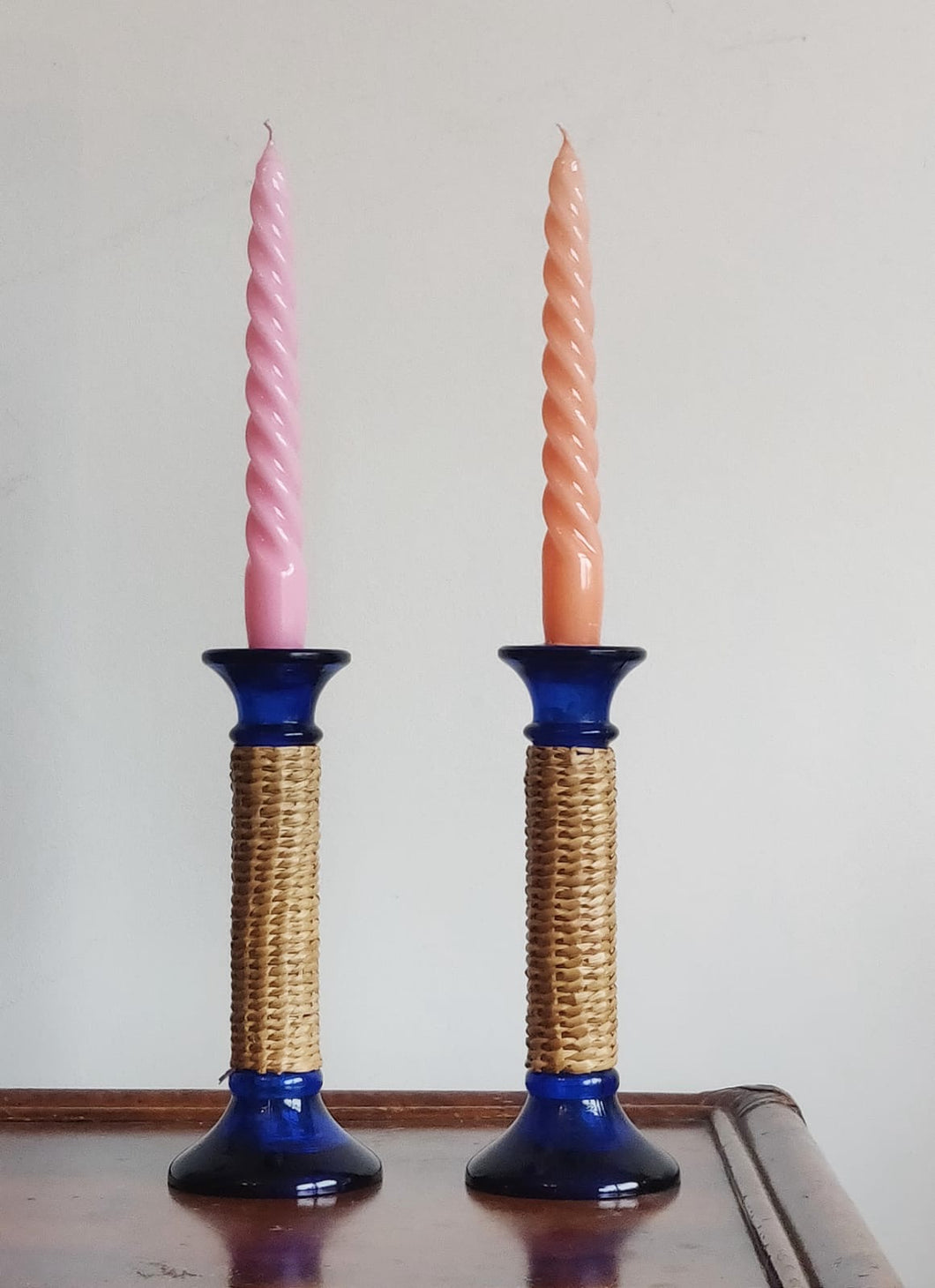 Vintage blue glass and wicker rattan candlesticks