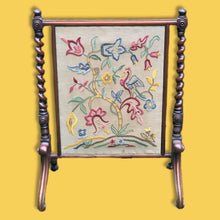 Load image into Gallery viewer, Large Hand Stitched Floral Motif Mahogany Fire Screen