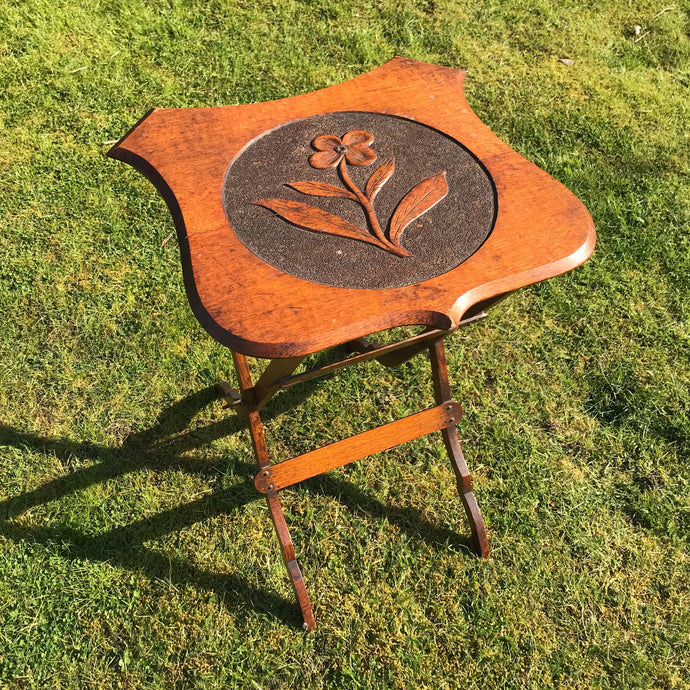 Vintage Collapsible Oak Side Table with Hand Carved Flower Design