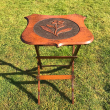Load image into Gallery viewer, Vintage Collapsible Oak Side Table with Hand Carved Flower Design