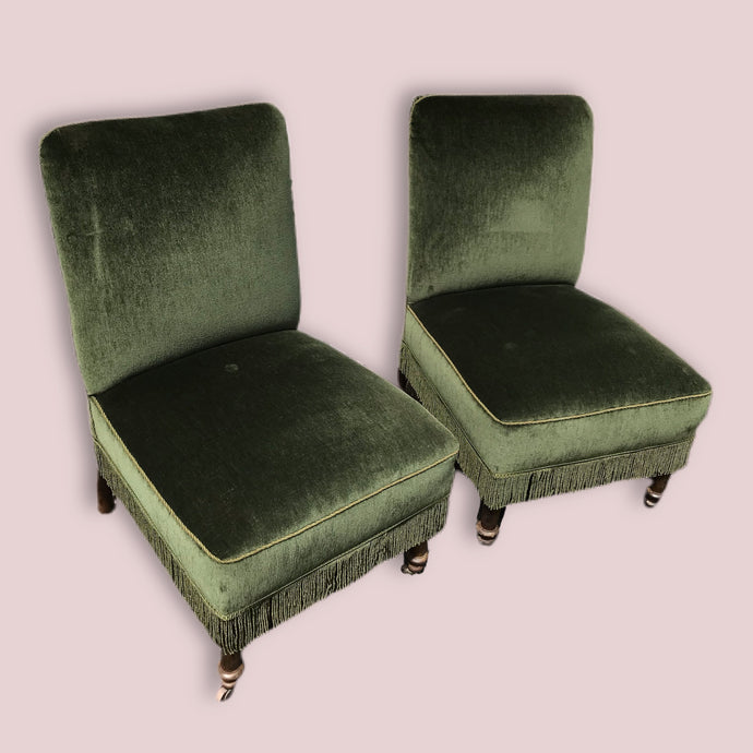 Pair of Green Velvet Chairs with Tasseled Trim