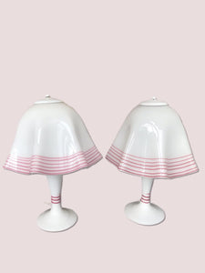 Pair of Vintage Mid-Century Milk Glass Handkerchief Lamps with Pink Glass detail