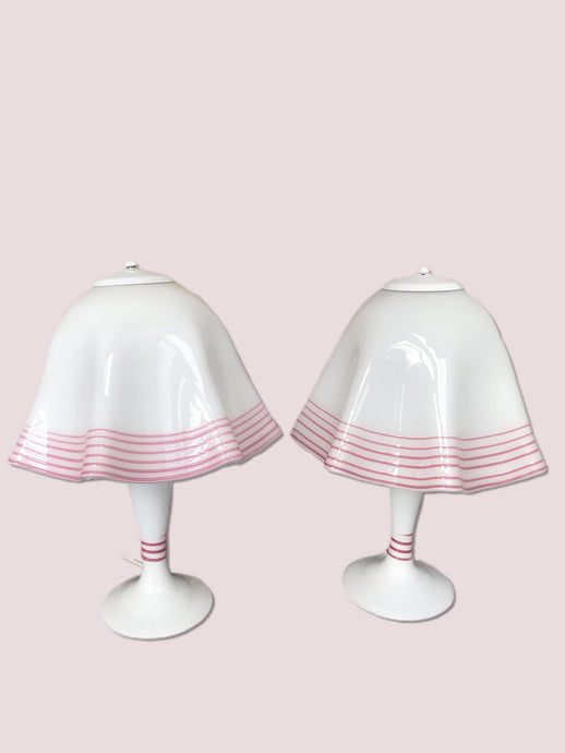 Pair of Vintage Mid-Century Milk Glass Handkerchief Lamps with Pink Glass detail