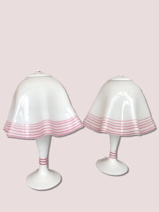 Pair of Vintage Mid-Century Milk Glass Handkerchief Lamps with Pink Glass detail