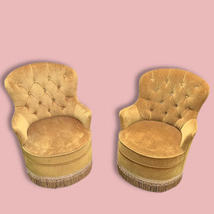 Pair of Fringed Tasseled Mustard Gold Boudoir Chairs