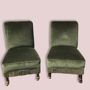 Pair of Green Velvet Chairs with Tasseled Trim