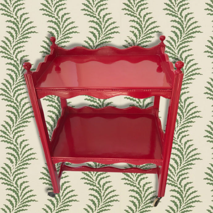 Vintage Red Gloss Two Tiered Scolloped Drinks Trolley